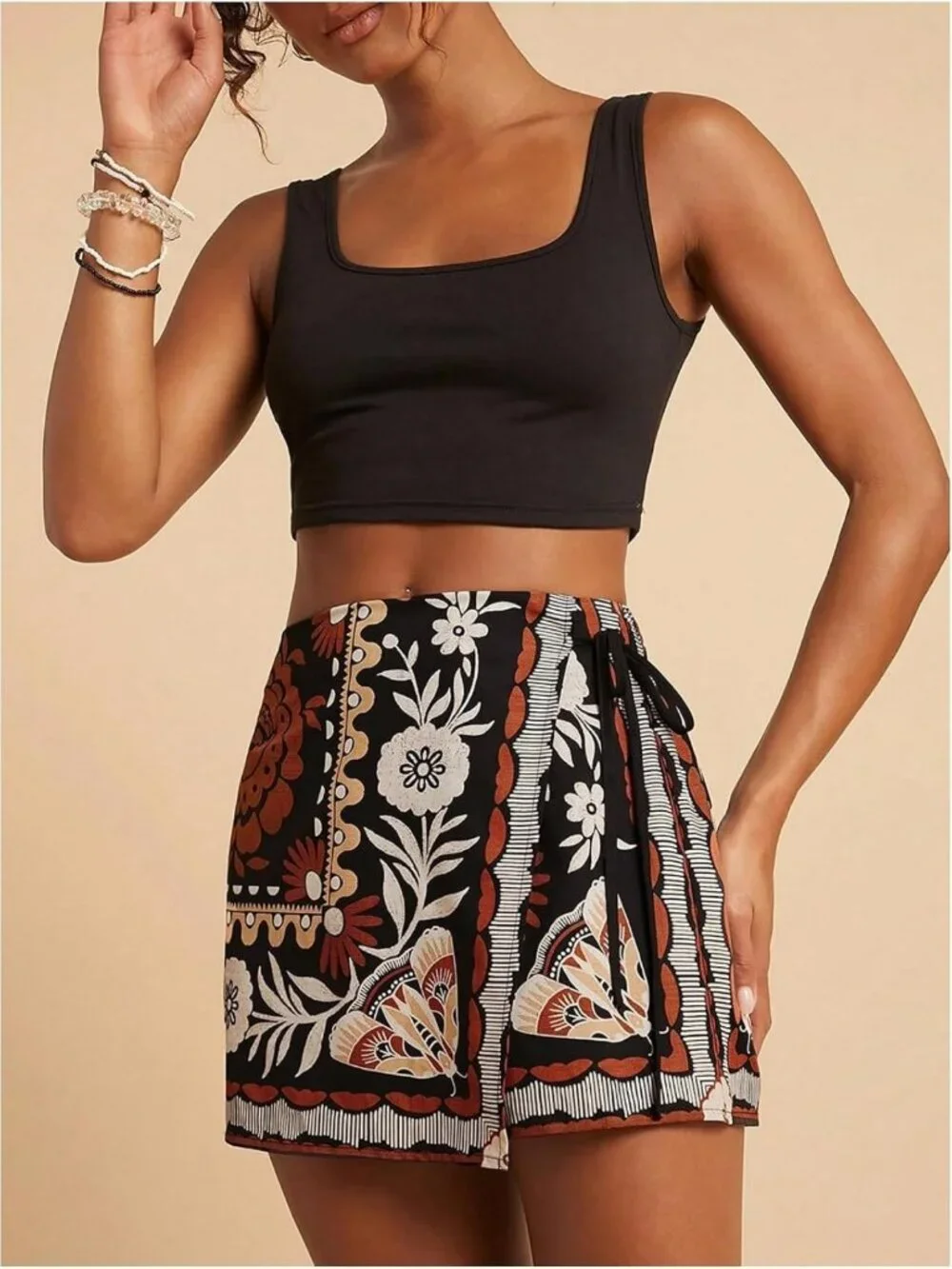 Floral Graphic Skirt Shorts with Drawstring Waist | Tropical Boho Wrap Skorts